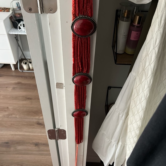 Red Stone Decorative belt Beaded with silver hardware-willing to bargain on cost
